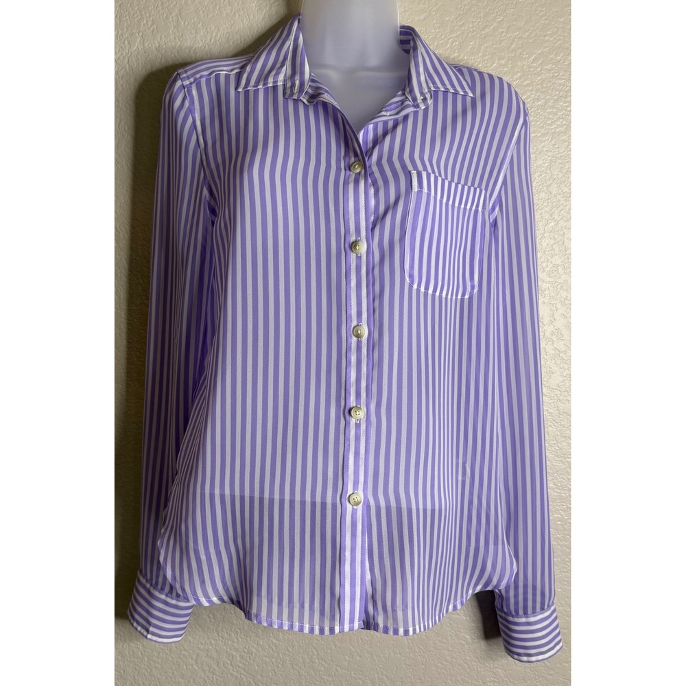 American Eagle Womens Small Purple Striped Button‎ Front Long Sleeve Shirt Sheer
